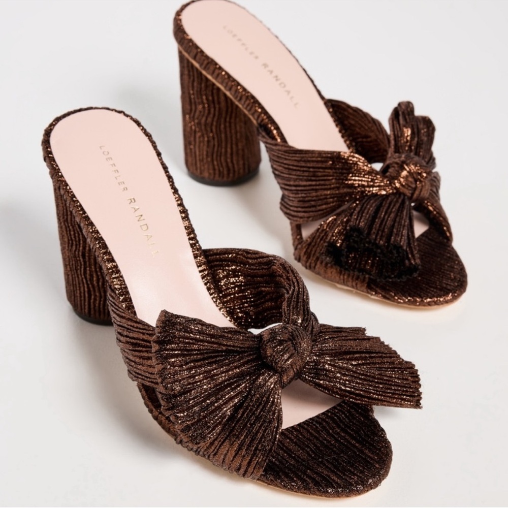 NWOB Loeffler Randall Penny Knot Bow Mules Sandals Heels Mocha Brown Pleated 6.5